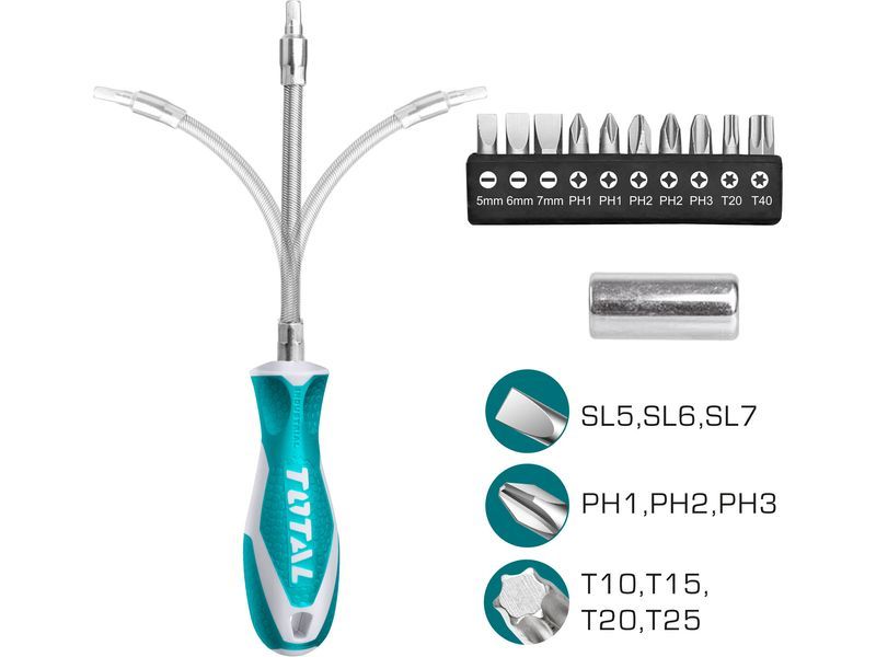 Schraubendreher mit flexiblem Schaft und Spitzen, 12er-Set, CrV Schraubendreher mit flexiblem Schaft und Spitzen, 12er-Set, CrV