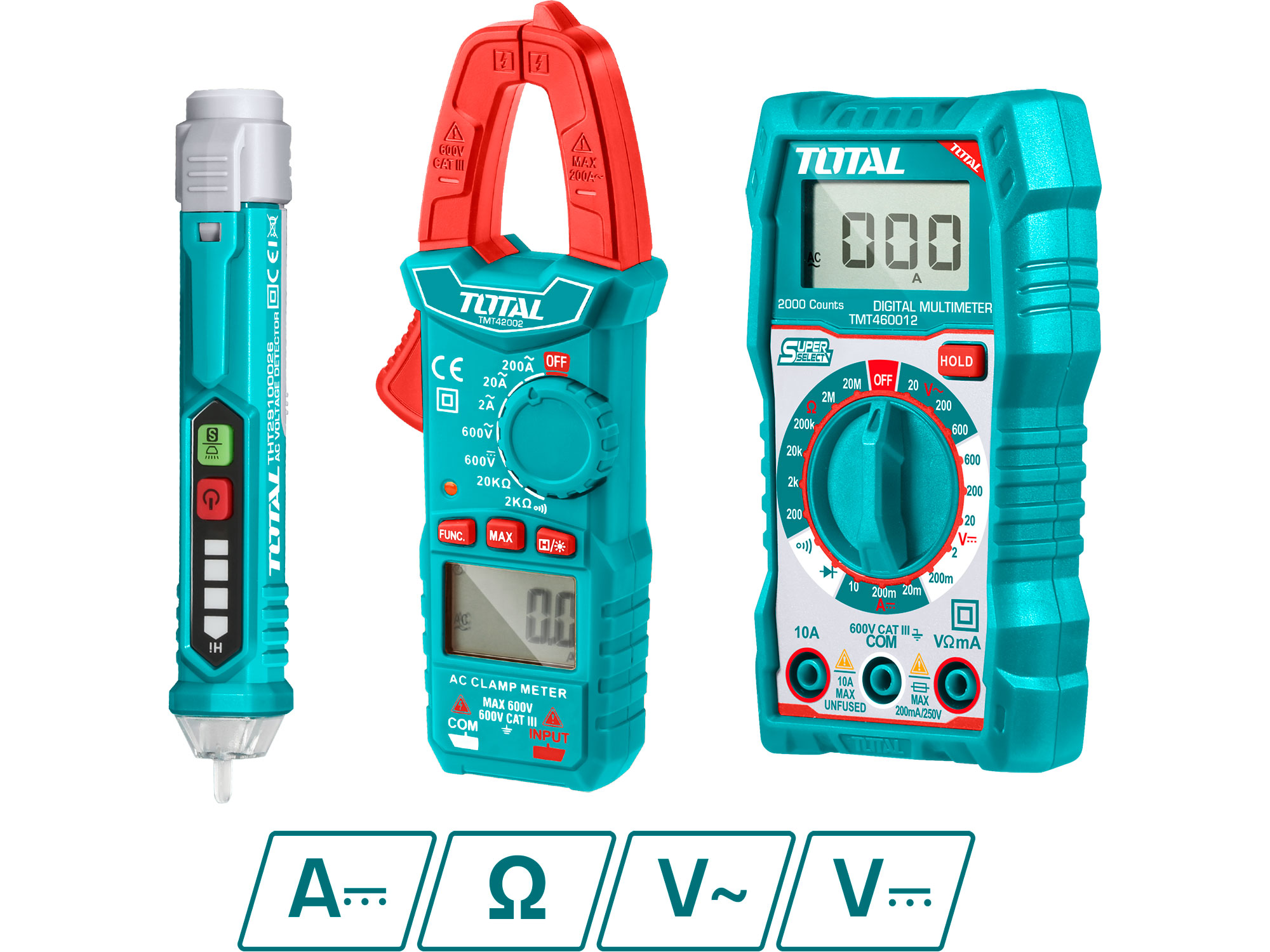 Set aus Digitalmultimeter, Zangenmultimeter und Wechselspannungsprüfer, Total